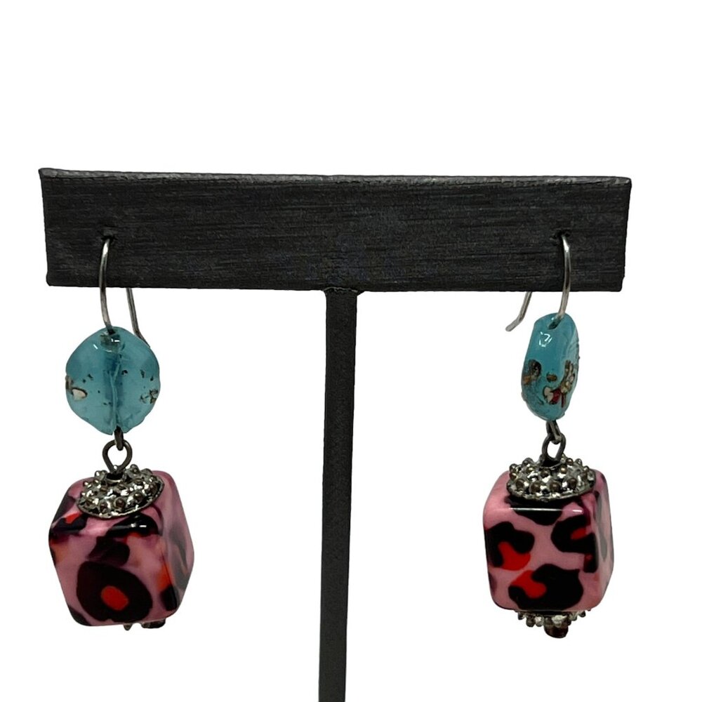 Pierced Earrings Pink Leopard Square Glass Wire Drop Dangle with Blue Stones‎